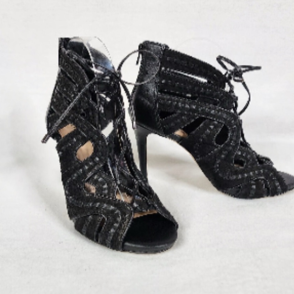 Gianni Bini Black Leather 4" Heels Stiletto Lace Up Strappy Peep Toe Women’s 8.5